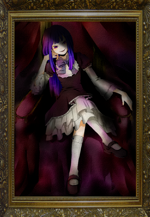 0930erina 1girl blue_hair dress frame frederica_bernkastel long_hair portrait ribbon sitting solo throne umineko_no_naku_koro_ni violet_eyes