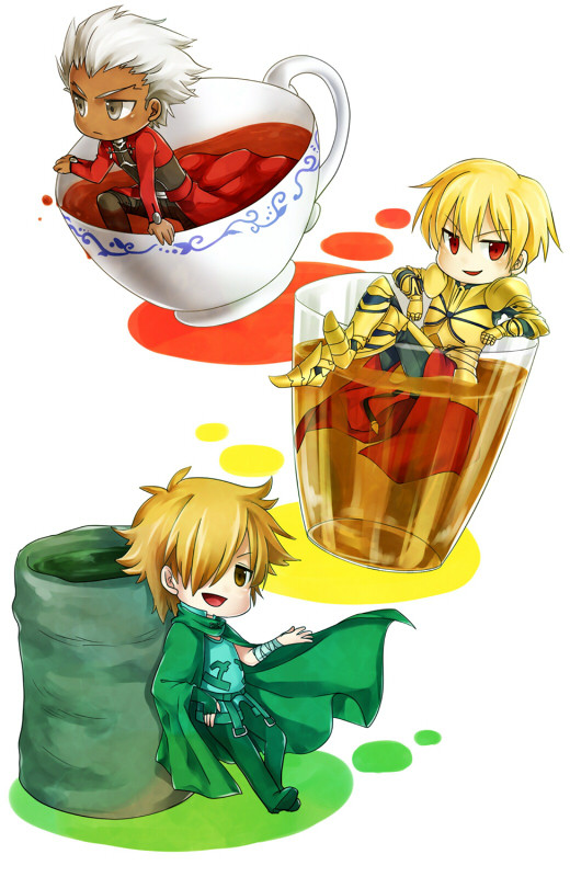 3boys alcohol archer archer_(fate/extra) armor blonde_hair chibi cup dark_skin fate/extra fate/stay_night fate_(series) gilgamesh glass green_tea male_focus miniboy multiple_boys red_eyes robin_hood_(fate/extra) ryou_(pixiv779953) sake simple_background tea teacup white_background white_hair yunomi