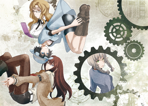 amane_suzuha black_hair blonde_hair blue_eyes blueprint boots brown_hair cellphone flying gears glasses green_eyes grey_hair hat kiryuu_moeka long_hair lowres makise_kurisu multiple_girls necktie pantyhose phone s0me shiina_mayuri short_hair steins;gate yellow_eyes