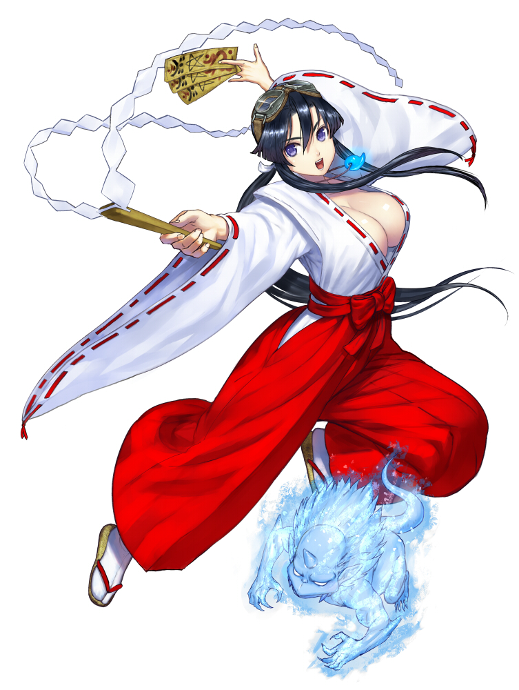 1girl :d all_fours atlus bad_id bangs basaro black_hair blue_eyes blue_skin bow breasts capcom_&amp;_psikyo_all_stars claws cleavage demon detached_sleeves downblouse dual_wielding fang fighting_stance footwear fundoshi fur glowing goggles goggles_on_head gohei hair_bow hair_ornament hair_ribbon hakama hip_vent horn horns japanese_clothes jewelry jumping kimono kimono_skirt koyori large_breasts long_hair magatama magic miko monster necklace no_bra no_pupils ofuda okojo open_clothes open_mouth open_shirt pointy_ears ponytail psikyo ribbon sandals sengoku_ace sengoku_ace_episode_ii sengoku_blade sengoku_cannon shiny shiny_skin shirt side_slit simple_background skirt smile socks solo spirit tabi tail tengai very_long_hair violet_eyes weapon white_eyes white_legwear wide_sleeves