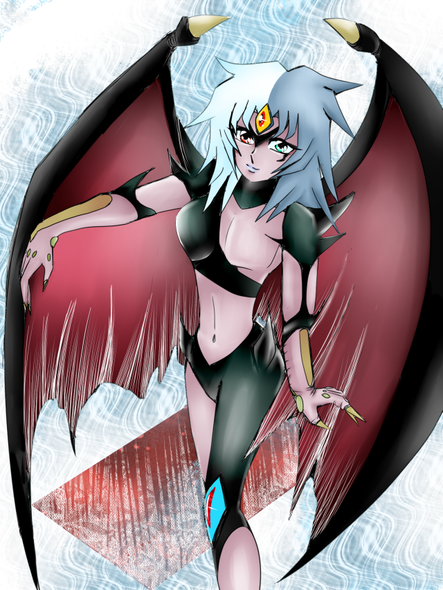 1girl androgynous asymmetrical_clothes blue_hair blue_lipstick breasts chest claws crop_top demon_girl demon_wings duel_monster female gradient gradient_background green_eyes heterochromia light_smile lipstick looking_at_viewer makeup midriff multicolored_hair navel one_boob outstretched_arm pink_skin red_eyes short_hair slender_waist smile solo spikes spiky_hair standing third_eye turtleneck two-tone_hair white_background white_hair wings yellow_sclera yu-gi-oh! yubel yuu-gi-ou_gx