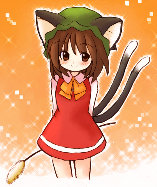1girl animal_ears arms_behind_back blush brown_eyes brown_hair cat_ears cat_tail chen collar cowboy_shot dress eijima_moko hat long_sleeves looking_at_viewer multiple_tails neck_ribbon reeds ribbon short_hair smile solo standing tail tareme touhou two_tails