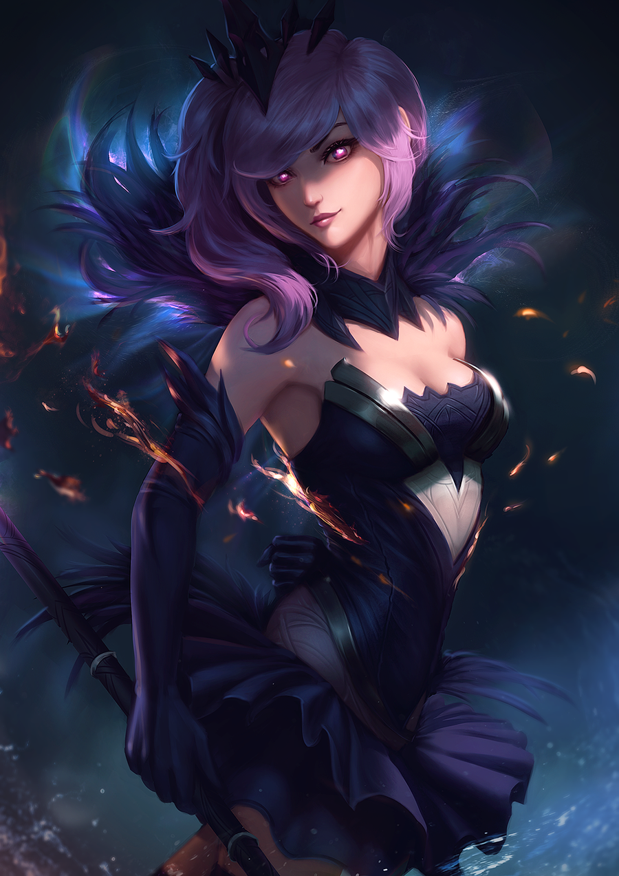 1girl arm_behind_back bare_shoulders breasts cleavage detached_collar dress elbow_gloves elementalist_lux embers gloves glowing glowing_eyes grin highres lavender_hair league_of_legends lipstick luxanna_crownguard makeup pleated_skirt raikoart side_ponytail skirt smile solo staff tiara violet_eyes