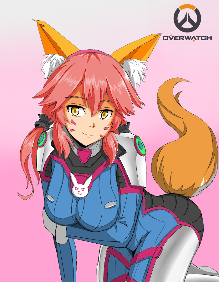 1girl animal_ears arm_support ass bent_over bodysuit breast_rest breasts cosplay d.va_(overwatch) d.va_(overwatch)_(cosplay) fate/extra fate_(series) fox_ears fox_tail gloves gradient gradient_background hairband honyaa~ light_smile logo long_hair looking_at_viewer overwatch pilot_suit pink_background pink_hair smile solo tail tamamo_(fate)_(all) tamamo_no_mae_(fate) twintails whisker_markings yellow_eyes