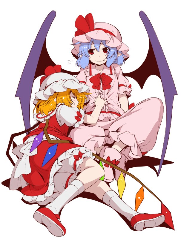 2girls ascot bat_wings breath closed_eyes clothes_grab commentary_request eichi_yuu fang flandre_scarlet gem hat hat_ribbon mob_cap multiple_girls red_ribbon remilia_scarlet ribbon siblings sisters sleeping sleeping_on_person smile touhou wings