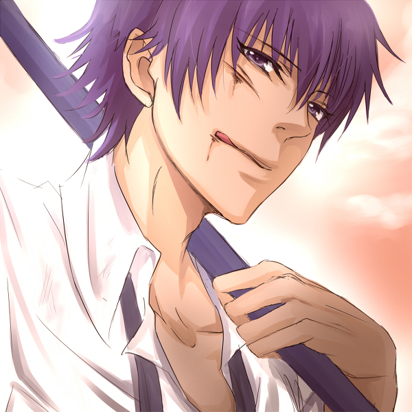 1boy angel_beats! bad_id clouds hasuno_mia male_focus noda_(angel_beats!) purple_hair solo violet_eyes