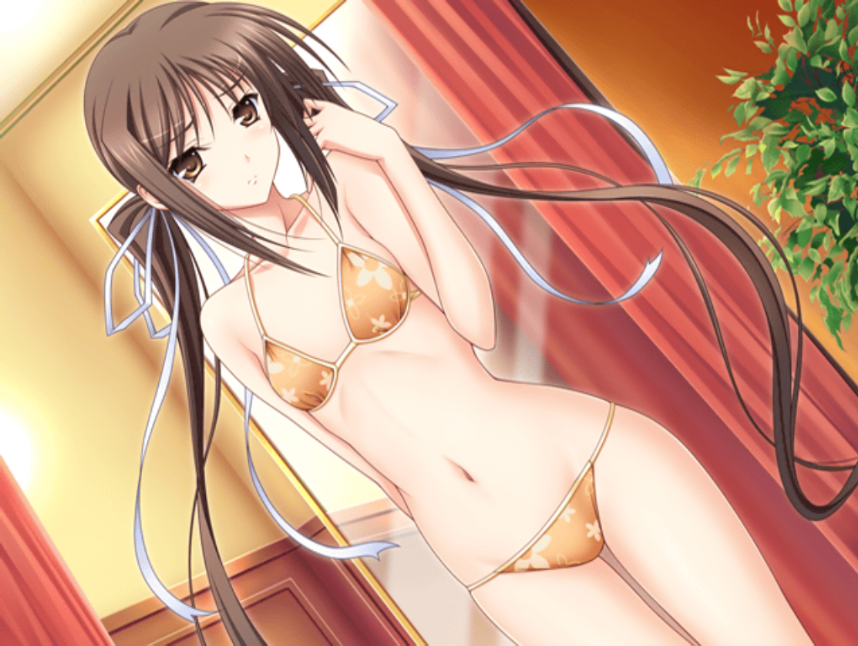 1girl adjusting_hair arm_behind_back bangs bikini blush brown_eyes brown_hair curtains dutch_angle embarrassed flat_chest frown game_cg hair_ribbon houjouin_seika indoors komori_kei lights long_hair looking_at_viewer low_twintails mirror navel orange_bikini plant princess_lover print_bikini resized ribbon sidelocks slender_waist solo standing swimsuit thigh_gap twintails upscaled very_long_hair wide_hips