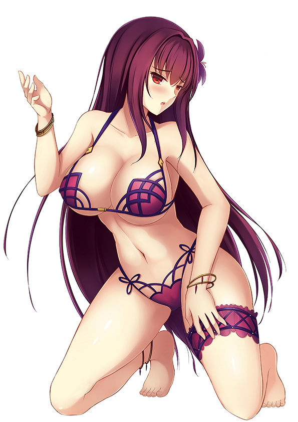 1girl barefoot bikini blush breasts cleavage euforia fate/grand_order fate_(series) flower hair_flower hair_ornament kneeling large_breasts long_hair looking_at_viewer navel open_mouth purple_hair red_eyes scathach_(fate/grand_order) simple_background solo swimsuit under_boob white_background