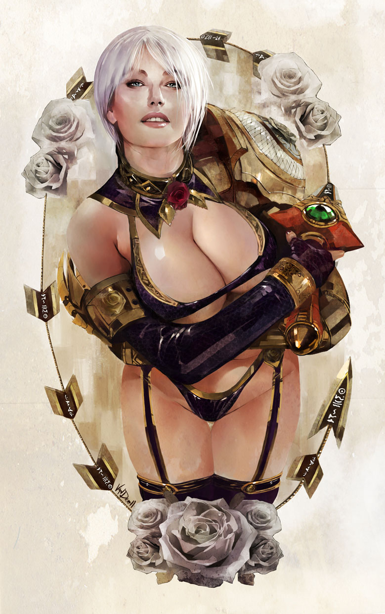 1girl armor blue_eyes breast_hold breasts cleavage crossed_arms daniel_oduber flower garter_straps highres huge_breasts isabella_valentine large_breasts legs naughty_face realistic revealing_clothes rose short_hair smile solo soul_calibur soulcalibur soulcalibur_iv sword thigh-highs thigh_gap thighs under_boob weapon whip white_hair white_rose