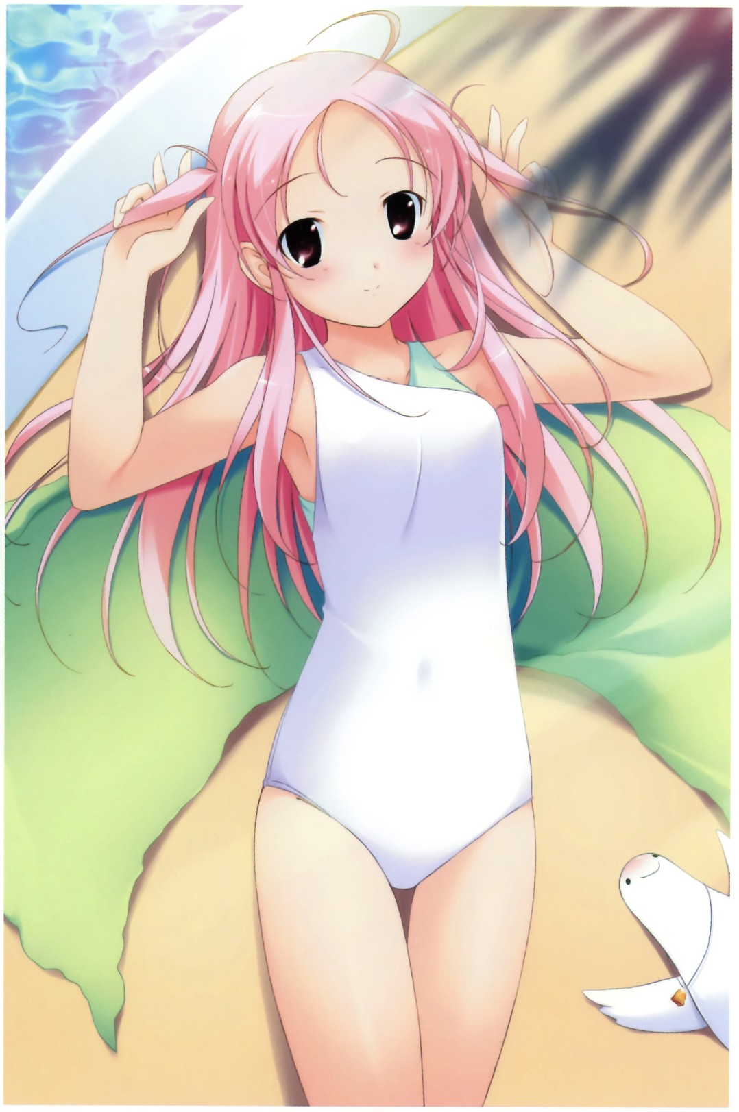 1girl ahoge arms_up bird blush casual_one-piece_swimsuit covered_navel fujiwara_warawara highres hoshina_nanami long_hair one-piece_swimsuit pink_hair pool shirokuma_bellstars swimsuit thigh_gap towel twintails violet_eyes water