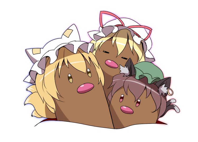 alolan_dugtrio animal_ears blonde_hair cat_ears cat_tail chen closed_eyes commentary_request dugtrio fox_tail fusion gap hat hat_ribbon jewelry minust mob_cap multiple_tails pillow_hat pink_eyes pokemon pokemon_(game) pokemon_sm red_ribbon ribbon single_earring tail two_tails yakumo_ran yakumo_yukari yellow_eyes