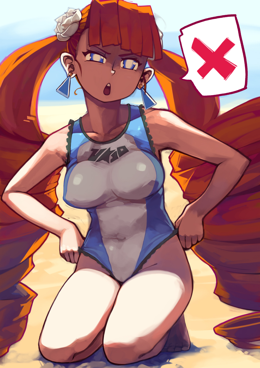 1girl adjusting_clothes adjusting_swimsuit aq_interactive arcana_heart arcana_heart_2 atlus barefoot blue_eyes breasts brown_hair drill_hair earrings eric_muentes examu flower highres jewelry kneeling long_hair ocean one-piece_swimsuit orange_hair petra_johanna_lagerkvist solo swimsuit twin_drills twintails very_long_hair