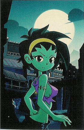 &gt;:) 1girl bare_shoulders breasts building clouds crop_top from_side full_moon green_eyes green_hair green_skin groin hairband looking_at_viewer looking_back lowleg lowres medium_breasts midriff monster_girl moon night night_sky outdoors rottytops scan scan_artifacts shantae shantae_(series) shorts sideboob sky slender_waist smile solo spiky_hair standing stitches tank_top torn_clothes upper_body wayforward zombie