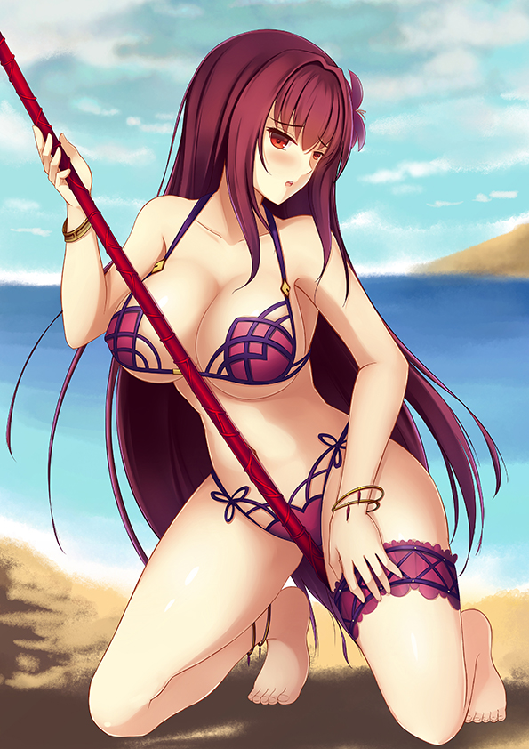1girl barefoot beach bikini blush breasts cleavage euforia fate/grand_order fate_(series) flower gae_bolg hair_flower hair_ornament kneeling large_breasts long_hair looking_at_viewer ocean open_mouth polearm purple_hair red_eyes scathach_(fate/grand_order) solo spear swimsuit under_boob weapon