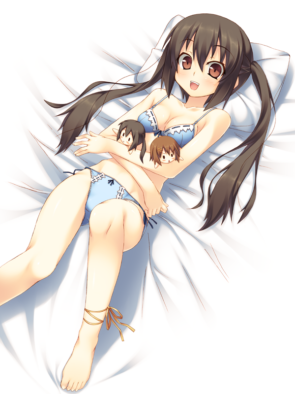 1girl barefoot bed black_hair blue_bra blue_panties blush bra brown_eyes brown_hair character_doll collarbone doll face feet flat_chest hair_ornament hairclip hirasawa_yui hug k-on! kazushiki_midori leg_ribbon lingerie long_hair lying nakano_azusa navel on_back open_mouth panties pillow ribbon side-tie_panties smile solo twintails underwear underwear_only