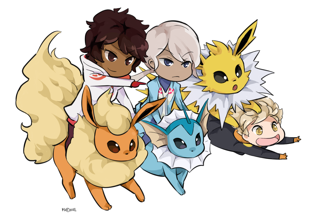 1boy 2girls blanche_(pokemon) blonde_hair blue_eyes brown_eyes brown_hair candela_(pokemon) chibi dark_skin flareon jolteon multiple_girls open_mouth pantyhose pointing pokemon pokemon_(creature) pokemon_go silver_hair smile spark_(pokemon) vaporeon yellow_eyes zucchinizest