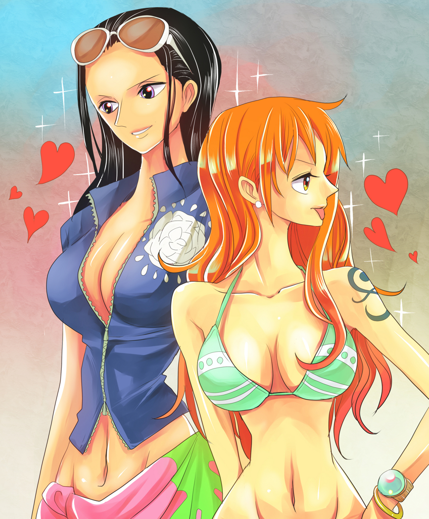 2girls :p bangle bikini_top black_hair blue_shirt bracelet breasts center_opening cleavage collarbone crop_top earrings female glasses glasses_on_head groin hair_slicked_back hand_on_hip heart himerinco huge_breasts jewelry log_pose long_hair looking_to_the_side lowleg midriff multiple_girls nami_(one_piece) navel nico_robin no_bra one_piece open_clothes open_shirt orange_hair pink_skirt profile revealing_clothes sabaody_archipelago sarong shirt short_sleeves skirt sparkle sunglasses sunglasses_on_head tattoo tongue tongue_out unzipped upper_body violet_eyes yellow_eyes zipper