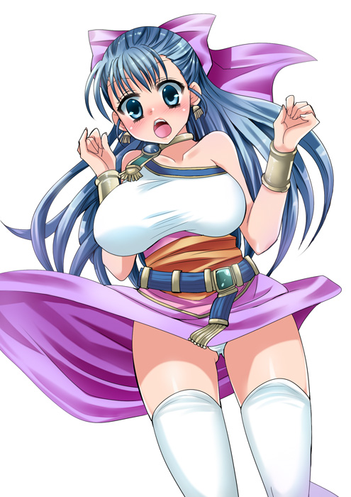 1girl armlet blue_eyes blue_hair bow breasts celi dragon_quest dragon_quest_v earrings flora hair_bow hair_ribbon half_updo jewelry large_breasts long_hair open_mouth panties pink_bow ribbon simple_background skirt solo surprised thigh-highs underwear upskirt