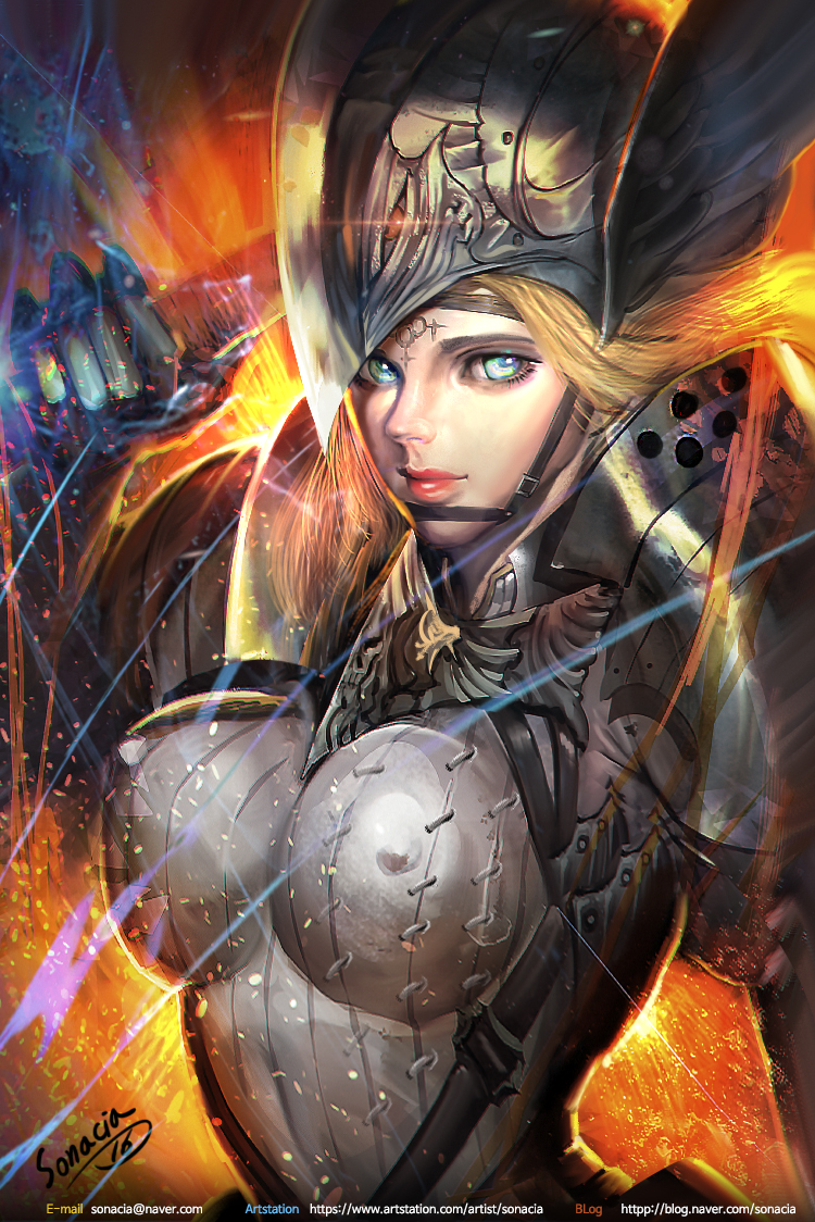 1girl 2016 armor artist_name blonde_hair blue_eyes breastplate closed_mouth dated erect_nipples eyelashes facial_mark forehead_mark gauntlets hand_up helm helmet holding holding_sword holding_weapon knight long_hair looking_at_viewer original pauldrons pink_lips shoulder_pads smile solo sonacia sword upper_body watermark weapon web_address