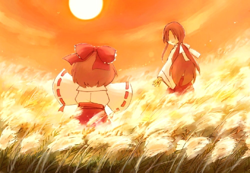 2girls back bangs bow brown_hair eijima_moko faceless faceless_female field frills hair_bow hair_ribbon hakurei_reimu japanese_clothes light_particles long_sleeves looking_back mother_and_daughter multiple_girls orange_sky outdoors outstretched_arms parted_bangs ponytail q reaching ribbon ribbon-trimmed_sleeves ribbon_trim shaded_face short_hair sky sleeves_past_wrists smile spread_arms sun sunset touhou wide_sleeves younger