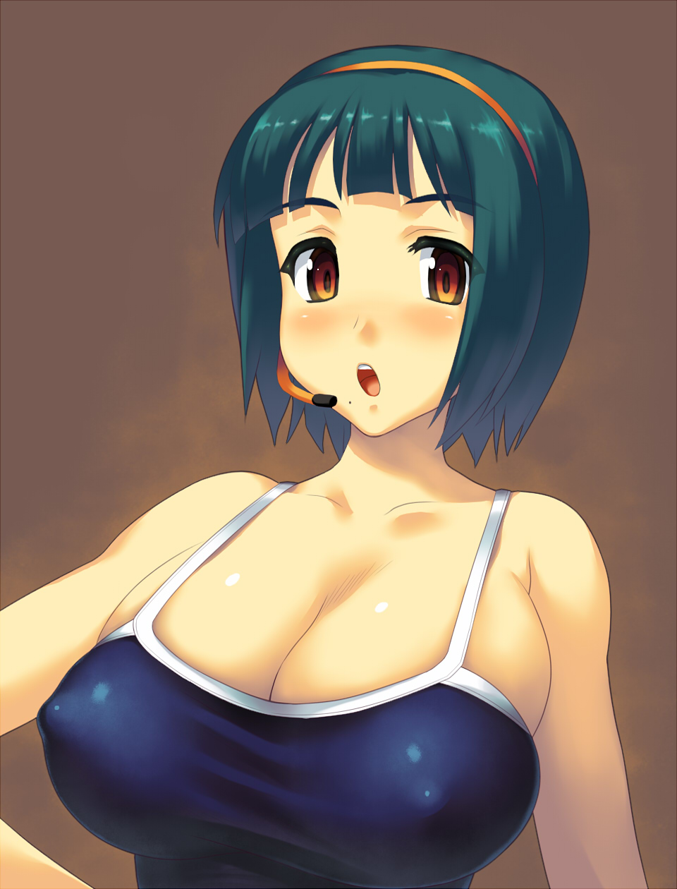 1girl blush breasts cleavage collarbone erect_nipples green_hair headset highres huge_breasts idolmaster microphone mole no_bra one-piece_swimsuit open_mouth orange_eyes otonashi_kotori shirt short_hair solo swimsuit taut_clothes taut_shirt upper_body yn_red