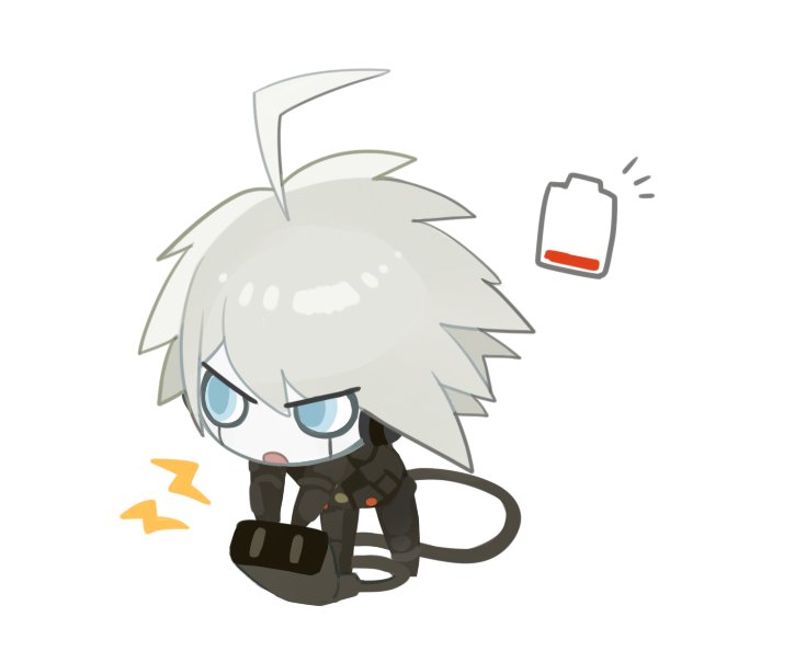 1boy ahoge android battery blue_eyes chibi dangan_ronpa keebo looking_afar male_focus new_dangan_ronpa_v3 open_mouth plug ponkotsu_(inumoyo) silver_hair simple_background solo white_background