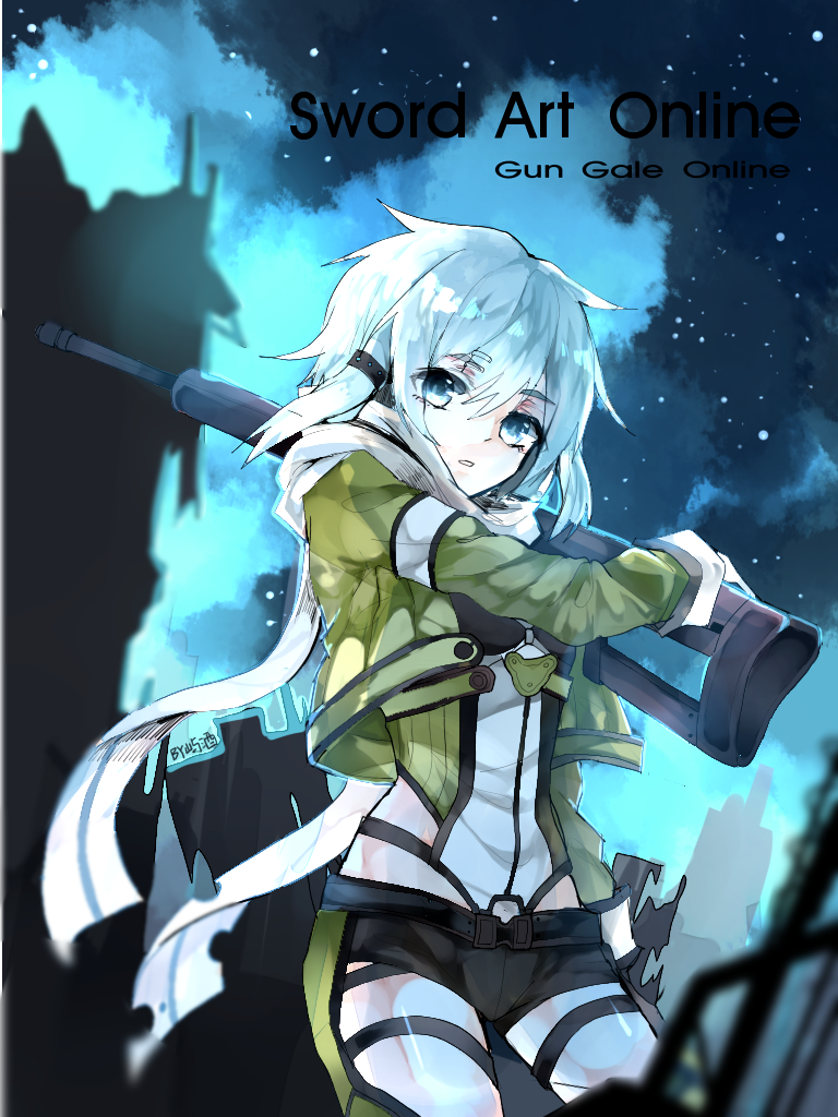 black_shorts blue_eyes blue_hair copyright_name green_jacket gun hair_ornament holding holding_gun holding_weapon jacket looking_at_viewer open_clothes open_jacket riffle scarf shinon_(sao) short_hair short_shorts shorts signature sword_art_online weapon white_scarf yu_jiu