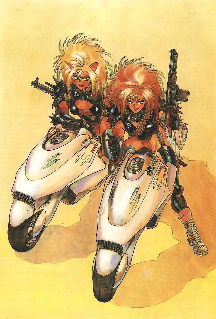 2girls ammo_belt android animal_ears annapuma armor bandolier big_hair blonde_hair breasts cat_ears dominion dominion_tank_police ground_vehicle leather legs motor_vehicle motorcycle multiple_girls shirou_masamune siblings sisters spaulders spikes thigh-highs thighs traditional_media unipuma vehicle weapon