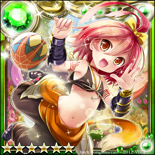.hack// .hack//g.u. 1girl :d ahoge bow brown_pants flat_chest gem guilty_dragon hair_bow kanipanda looking_at_viewer midriff navel open_mouth pants red_eyes redhead short_hair smile solo star tattoo wrist_guards yellow_bow yowkow_(.hack//)