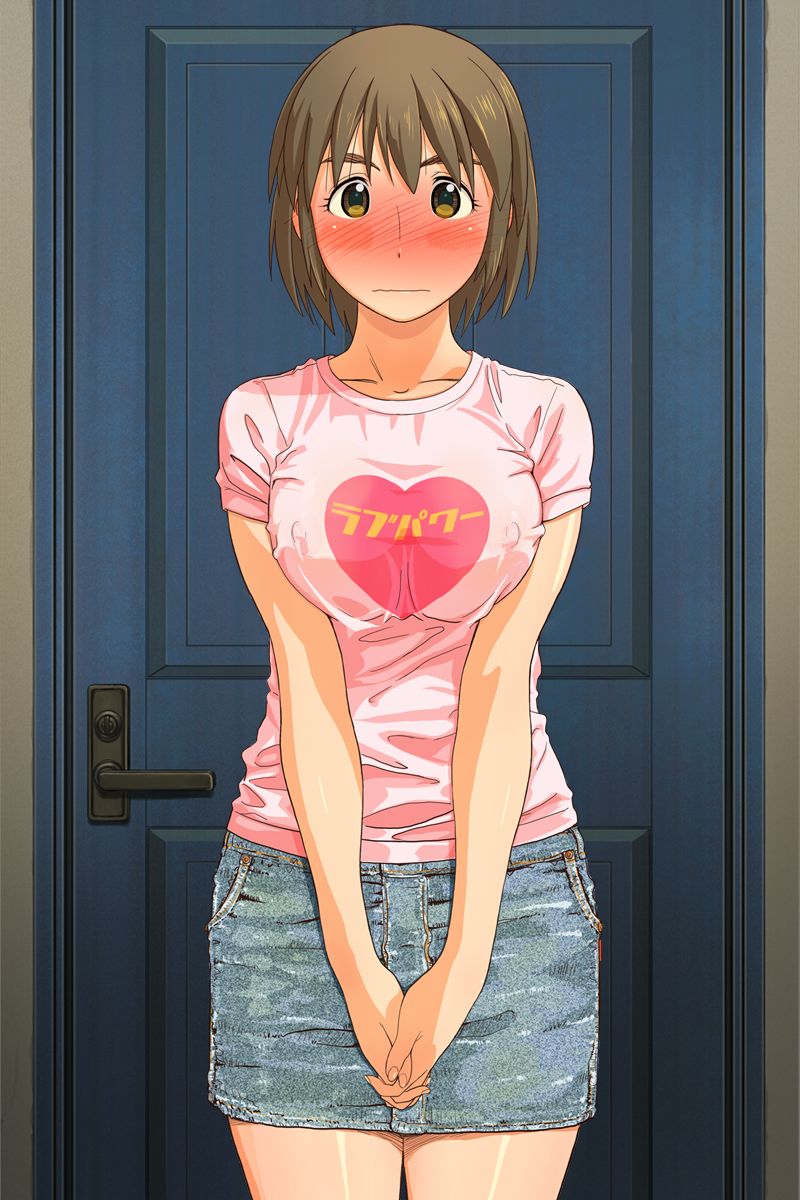 1girl ayase_fuuka blush bob_cut breast_squeeze breasts brown_eyes brown_hair clothes_writing denim_skirt door ear_blush embarrassed erect_nipples eyebrows heart highres kinako_(kinako_no_yama) kinako_no_yama large_breasts miniskirt pencil_skirt shirt skirt solo standing t-shirt thick_eyebrows yotsubato!