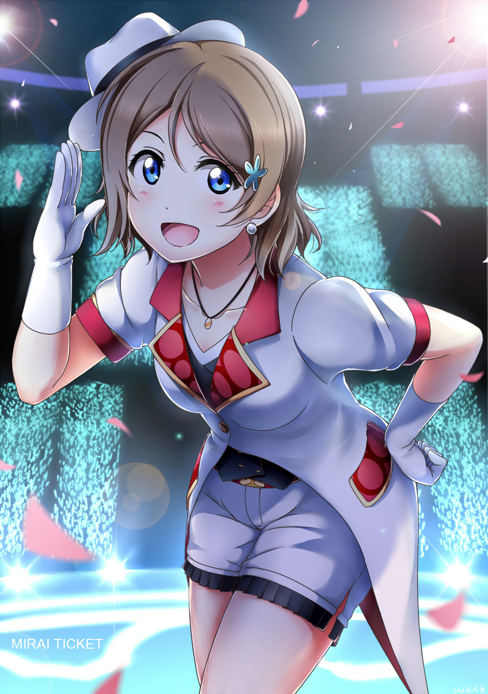1girl :d blue_eyes coattails earrings flower frills gloves glowstick grey_hair hair_flower hair_ornament hand_on_hip hat highres jewelry leaning_forward looking_at_viewer love_live! love_live!_school_idol_project love_live!_sunshine!! mirai_ticket open_mouth pendant petals salute shiimai short_hair short_sleeves shorts side_slit smile solo song_name stage_lights watanabe_you white_gloves