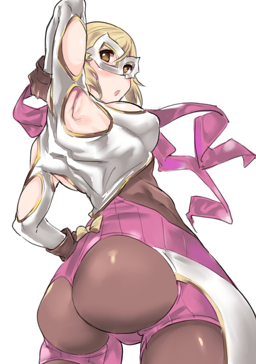 1girl :o arm_up armpit_cutout ass ass_cutout black_legwear blonde_hair blush bodysuit bow breasts cleavage_cutout djeeta_(granblue_fantasy) domino_mask erect_nipples granblue_fantasy hand_on_hip highres mask medium_breasts pantyhose rama_(amaru) short_hair solo wrestler_(granblue_fantasy) wrestling_mask wrestling_outfit yellow_bow