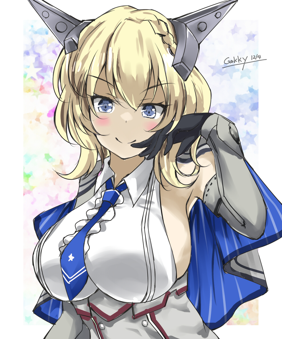 1girl artist_logo black_gloves blonde_hair blue_eyes blue_neckwear braid breasts capelet colorado_(kancolle) commentary_request dress elbow_gloves gakky garrison_cap gloves grey_dress grey_headwear hat headgear kantai_collection large_breasts looking_at_viewer necktie one-hour_drawing_challenge shirt short_hair side_braids sideboob sleeveless solo white_shirt