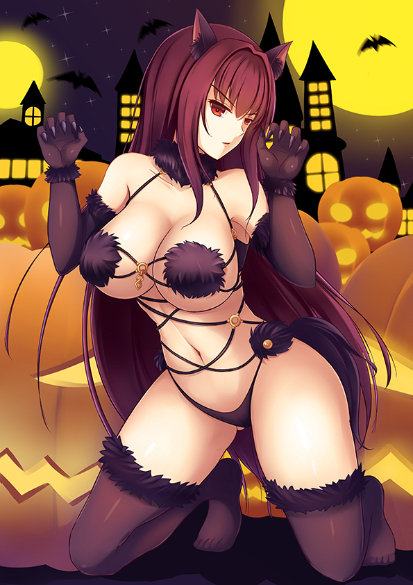 1girl alternate_color animal_ears bat breasts castle cleavage cosplay elbow_gloves euforia fate/grand_order fate_(series) full_moon gloves gluteal_fold halloween_costume jack-o'-lantern kneeling large_breasts legs long_hair looking_at_viewer moon navel night purple_gloves purple_hair purple_legwear red_eyes scathach_(fate/grand_order) shielder_(fate/grand_order) shielder_(fate/grand_order)_(cosplay) solo thigh-highs thighs under_boob very_long_hair wolf_ears