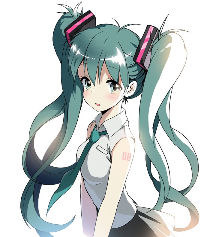 1girl :o anime_coloring aqua_eyes aqua_hair big_hair hatsune_miku long_hair looking_at_viewer necktie open_mouth saya_(mychristian2) sleeveless solo tattoo twintails v_arms very_long_hair vocaloid white_background