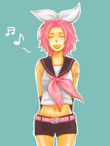 1girl artist_request belt closed_eyes cosplay flat_chest haruno_sakura kagamine_rin kagamine_rin_(cosplay) lowres midriff music musical_note naruto neck note open_mouth pink pink_hair ribbon solo tattoo tongue vocaloid