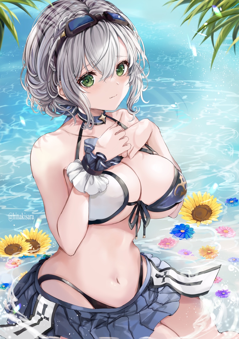 1girl bangs beach bikini blue_skirt blush braid breasts closed_mouth flower goggles goggles_on_head green_eyes hands_on_own_chest highleg highleg_bikini hinahino hololive large_breasts looking_at_viewer microskirt navel shirogane_noel short_hair side_braid silver_hair skirt swimsuit thighs virtual_youtuber water wrist_cuffs