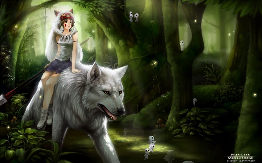 1girl 90s artist_request cape copyright_name dragonfly female forest insect jewelry kodama mask mononoke_hime nature necklace outdoors polearm princess riding san scenery shishigami sidesaddle sitting spear studio_ghibli weapon wolf