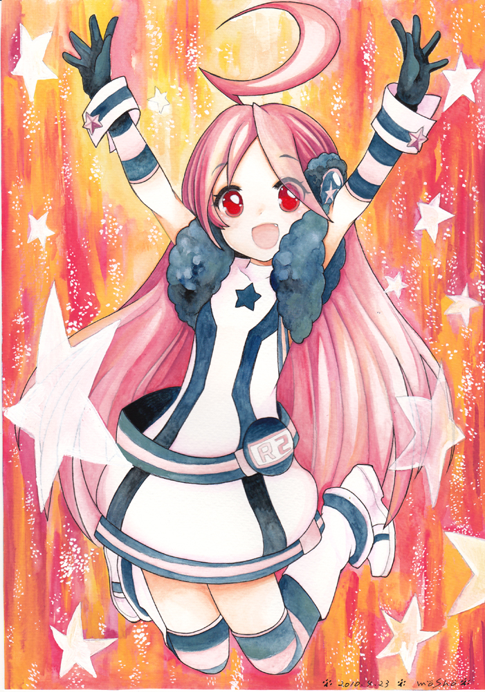 1girl ahoge android belt boots dated earmuffs gloves headphones kneehighs long_hair mosho robot_joints sf-a2_miki signature smile socks solo striped striped_gloves striped_legwear thigh-highs traditional_media very_long_hair vocaloid wrist_cuffs