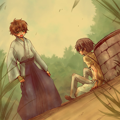 2boys bag black_hair brown_hair child code_geass green_eyes japanese_clothes kururugi_suzaku lelouch_lamperouge male_focus mecco multiple_boys nature open_mouth outdoors plant short_hair violet_eyes well