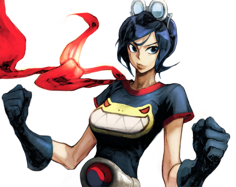 1girl bad_id belt black_hair blue_eyes blue_hair cape gloves goggles goggles_on_head king_of_fighters lips may_lee scarf shirt shon short_hair simple_background snk solo t-shirt the_king_of_fighters