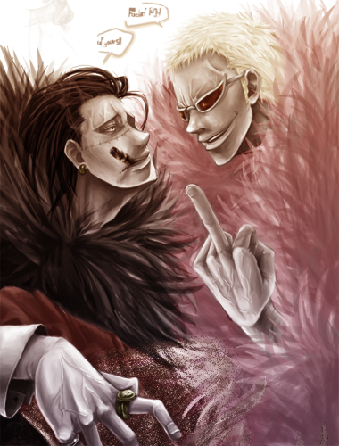 2boys black_hair blonde_hair cigar doflamingo donquixote_doflamingo earrings jewelry lowres male_focus middle_finger multiple_boys one_piece ring sand scar shichibukai sir_crocodile smoking sunglasses un0000