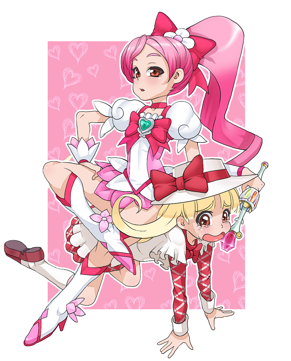 00s 2girls ashita_no_nadja blonde_hair boots bow brown_eyes bullying company_connection crossover cure_blossom femdom hanasaki_tsubomi heartcatch_precure! highres human_chair human_furniture knee_boots long_hair magical_girl multiple_girls nadja_applefield pink_background pink_bow pink_eyes pink_hair ponytail precure takoyaki_neko-san tears touei wand yuri