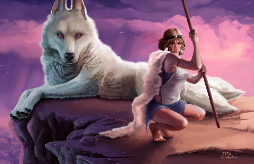 1girl 90s animal armband barefoot brown_hair cape cliff clouds earrings facepaint facial_mark female forest fur headband jewelry mononoke_hime moro nature oversized_animal polearm princess san shirt skirt sky solo spear squatting staff studio_ghibli taut_clothes taut_shirt violet_eyes weapon wolf