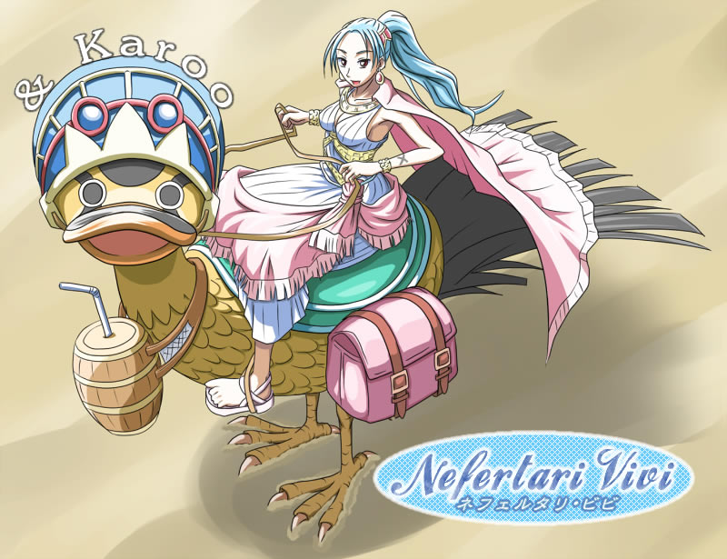 1girl alabasta bird blue_hair brown_background carue character_name duck earrings female jewelry nefertari_vivi one_piece princess riding