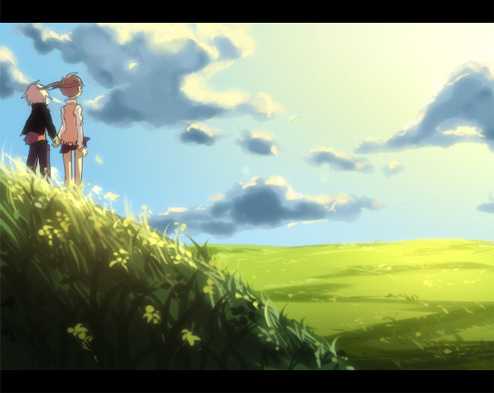 1boy 1girl aquaxdrop arm_at_side back blue_sky brown_hair clouds field flower grass hand_holding jacket legs_apart letterboxed long_hair lowres maka_albarn miniskirt outdoors pants school_uniform skirt sky soul_eater soul_eater_(character) standing sweater_vest twintails white_hair wind