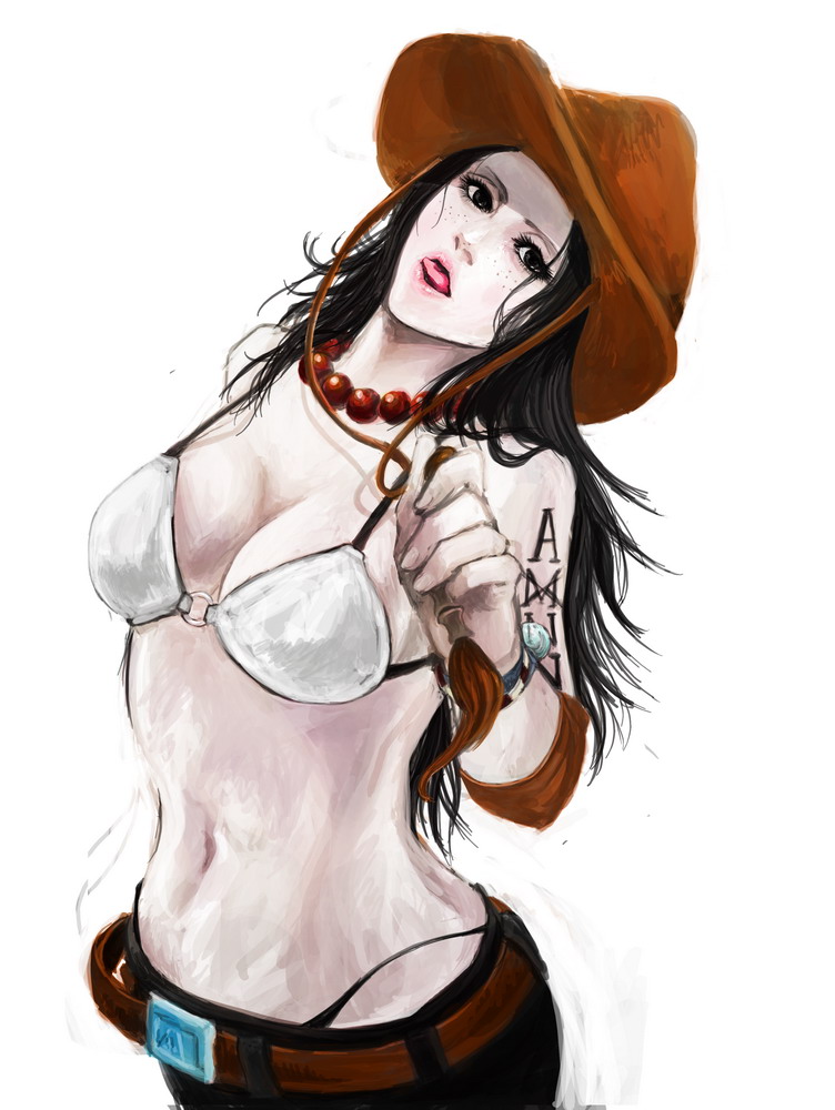 1girl belt bikini_top black_hair female freckles genderswap hat jewelry long_hair mak_(kainemaru) midriff necklace one_piece pale_skin pirate portgas_d_ace portgas_d_anne realistic simple_background solo stampede_string standing tattoo tongue