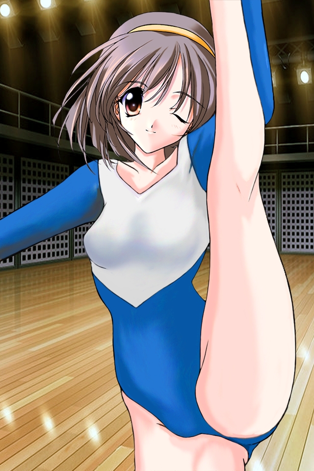 1girl brown_hair fat_mons gymnastics hairband imasaka_yue leg_up leotard memories_off one_eye_closed photoshop red_eyes short_hair solo source_request wink