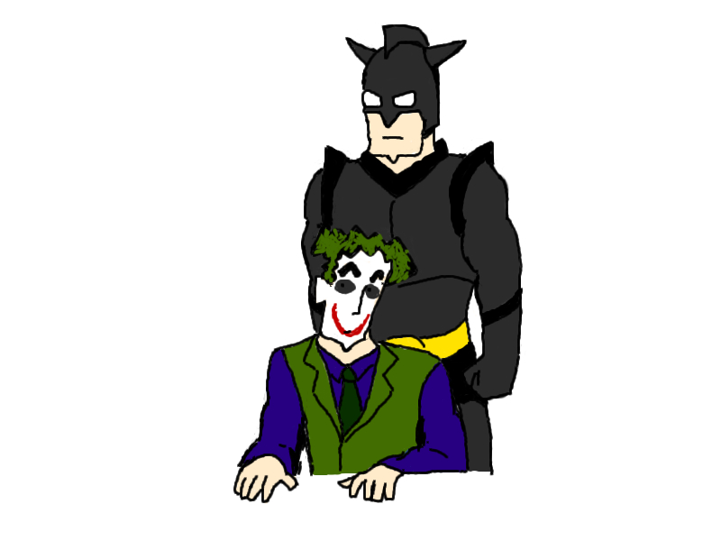 2boys ^_^ action_kamen batman batman_(series) bodysuit closed_eyes crayon_shin-chan crossover dc_comics eyebrows glasgow_smile green_hair makeup male_focus multiple_boys necktie nohara_hiroshi parody serious shirt short_hair simple_background smile superhero the_dark_knight the_joker thick_eyebrows vest white_background