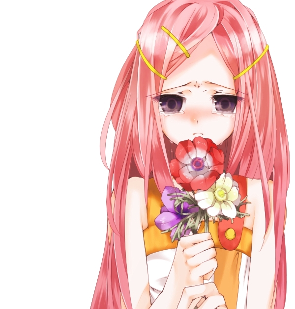 1girl anemone_(eureka_seven) anemone_(flower) bad_id dress eureka_seven eureka_seven_(series) flower hair_ornament hairclip long_hair object_namesake pink_hair shuka_(snow) solo tears violet_eyes